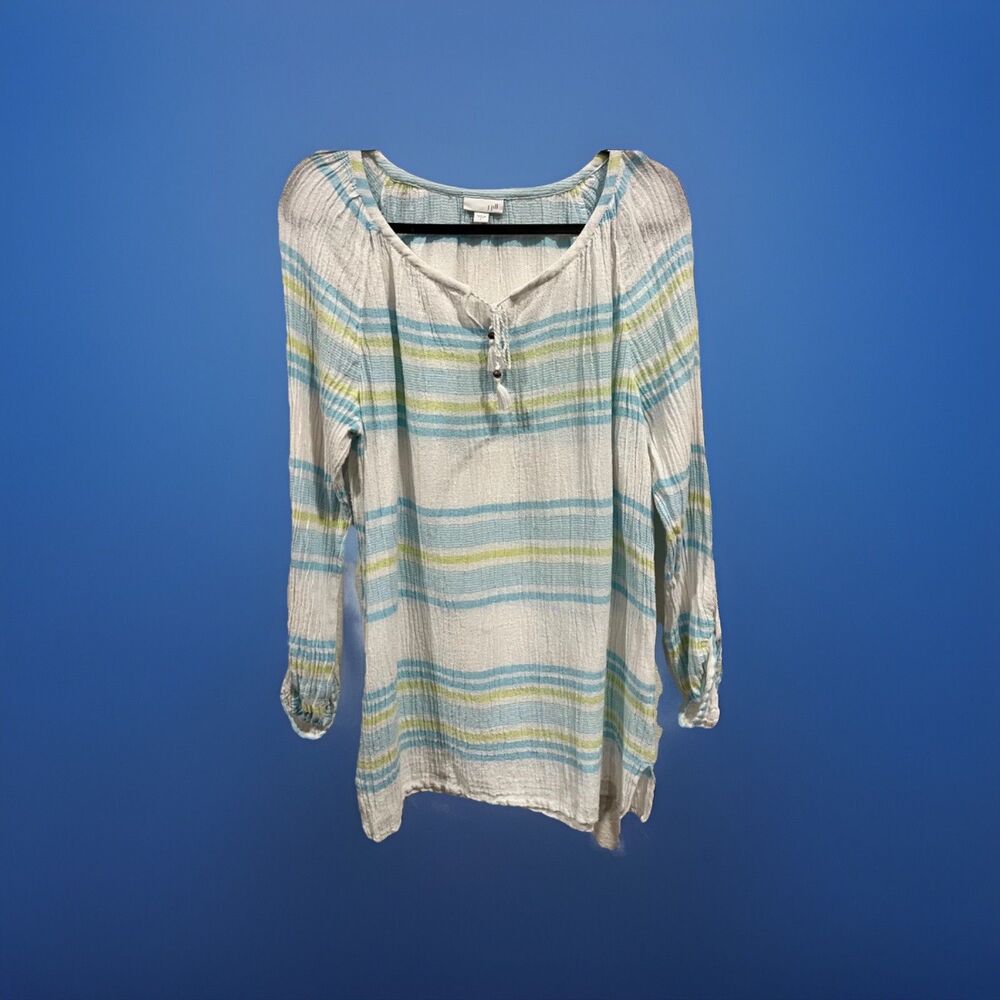 J Jill Shirt Women Tunic Large Striped Crinkle Gauze Boho Coastal Resort